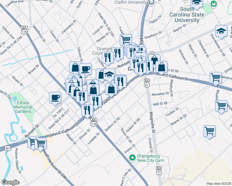 map of restaurants, bars, coffee shops, grocery stores, and more near 430 John C Calhoun Drive in Orangeburg