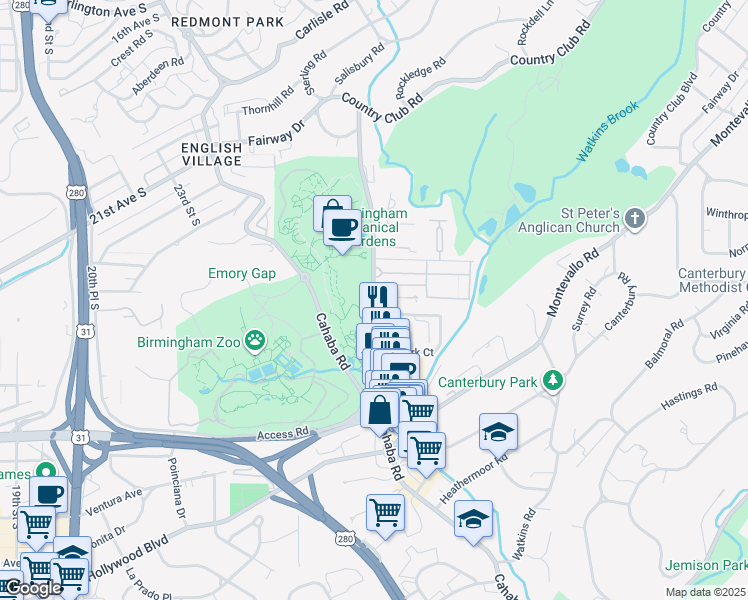 map of restaurants, bars, coffee shops, grocery stores, and more near 2612 Lane Park Road in Birmingham