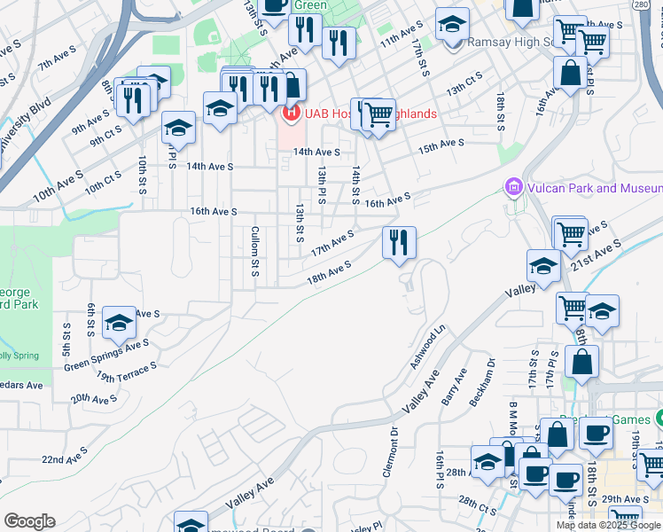 map of restaurants, bars, coffee shops, grocery stores, and more near 1310 18th Avenue South in Birmingham