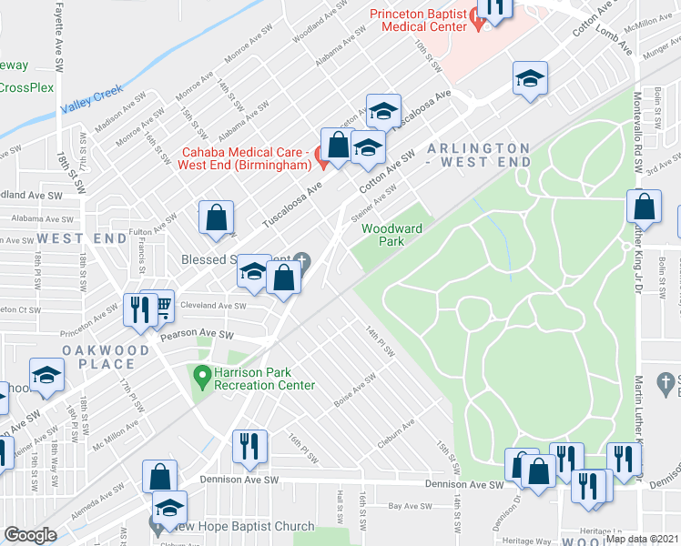 map of restaurants, bars, coffee shops, grocery stores, and more near 944 14th Street Southwest in Birmingham