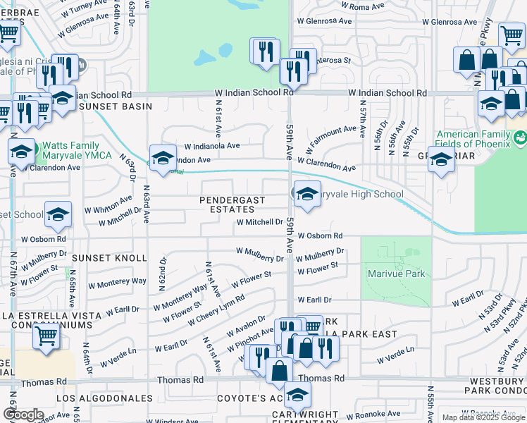 map of restaurants, bars, coffee shops, grocery stores, and more near 5935 West Whitton Avenue in Phoenix