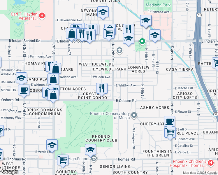 map of restaurants, bars, coffee shops, grocery stores, and more near 1115 East Whitton Avenue in Phoenix