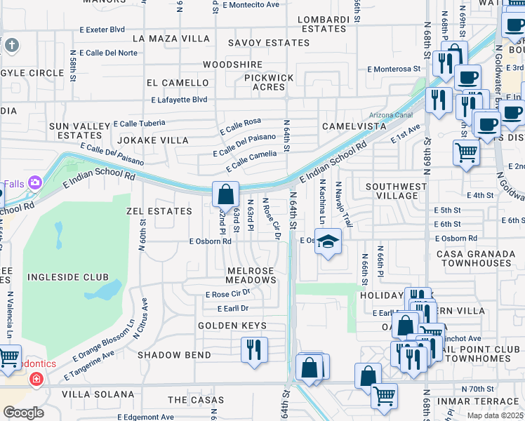 map of restaurants, bars, coffee shops, grocery stores, and more near 3508 North Rose Circle Drive in Scottsdale