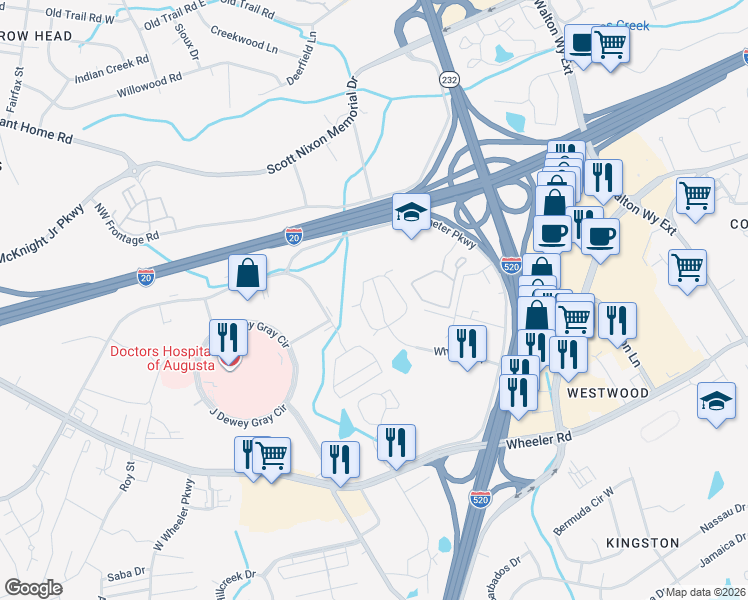 map of restaurants, bars, coffee shops, grocery stores, and more near 323 Whitney Place in Augusta