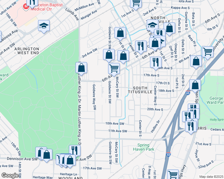 map of restaurants, bars, coffee shops, grocery stores, and more near 805 Goldwire Street Southwest in Birmingham
