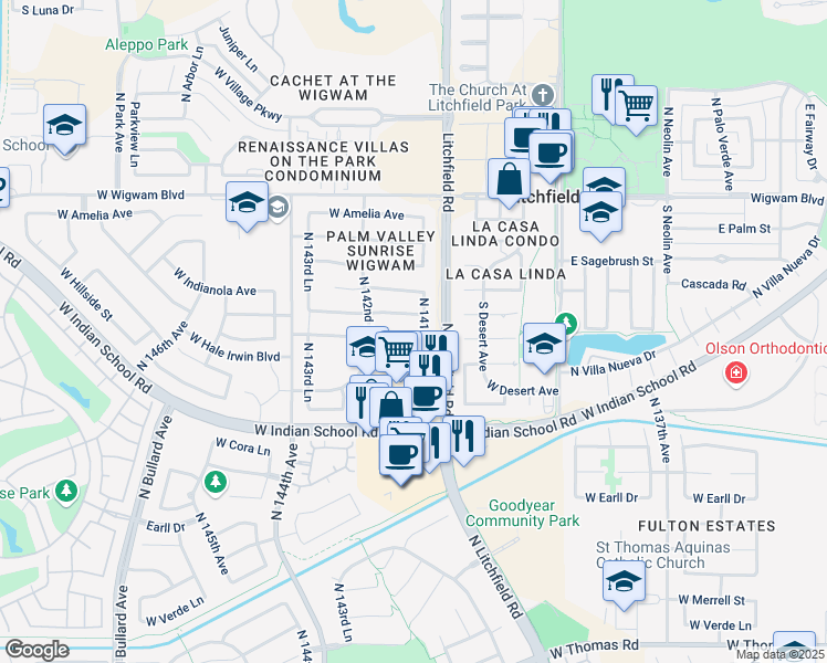 map of restaurants, bars, coffee shops, grocery stores, and more near 14164 West Weldon Avenue in Goodyear