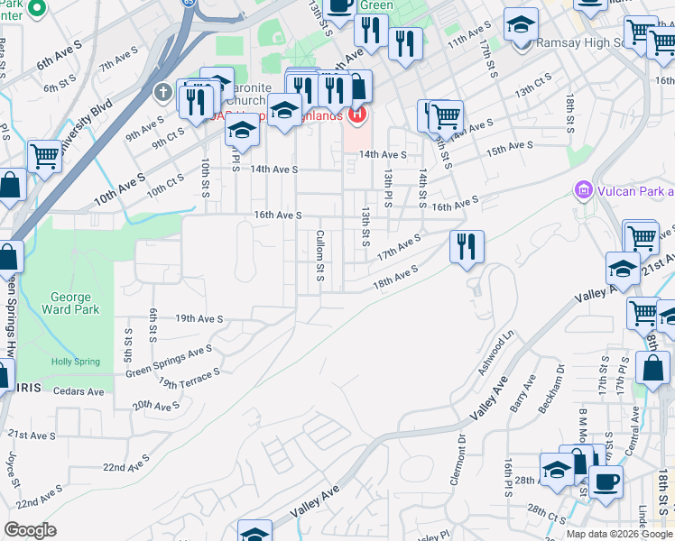 map of restaurants, bars, coffee shops, grocery stores, and more near 1705 Cullom Street South in Birmingham