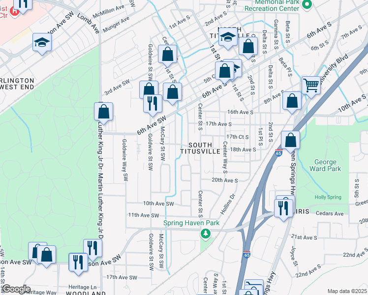 map of restaurants, bars, coffee shops, grocery stores, and more near 800 Center Place Southwest in Birmingham