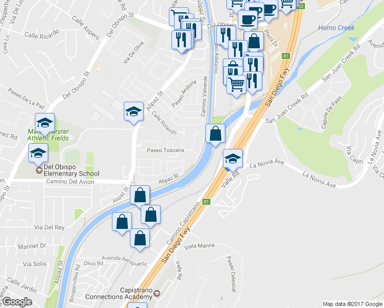 map of restaurants, bars, coffee shops, grocery stores, and more near 26472 Paseo Toscana in San Juan Capistrano