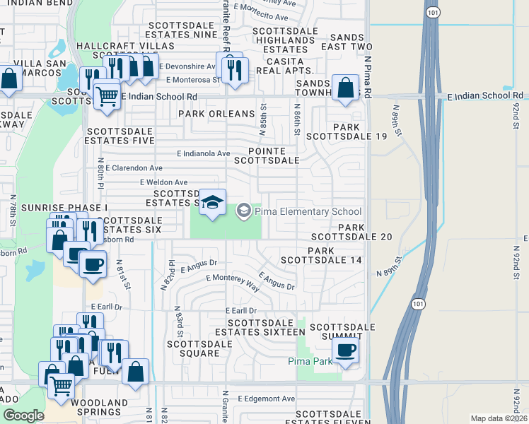 map of restaurants, bars, coffee shops, grocery stores, and more near 3508 North 85th Street in Scottsdale