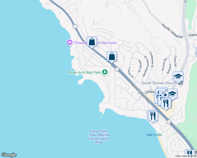 map of restaurants, bars, coffee shops, grocery stores, and more near 33 Bay Drive in Laguna Beach
