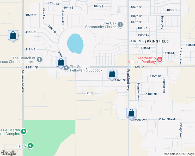map of restaurants, bars, coffee shops, grocery stores, and more near 6004 116th Street in Lubbock