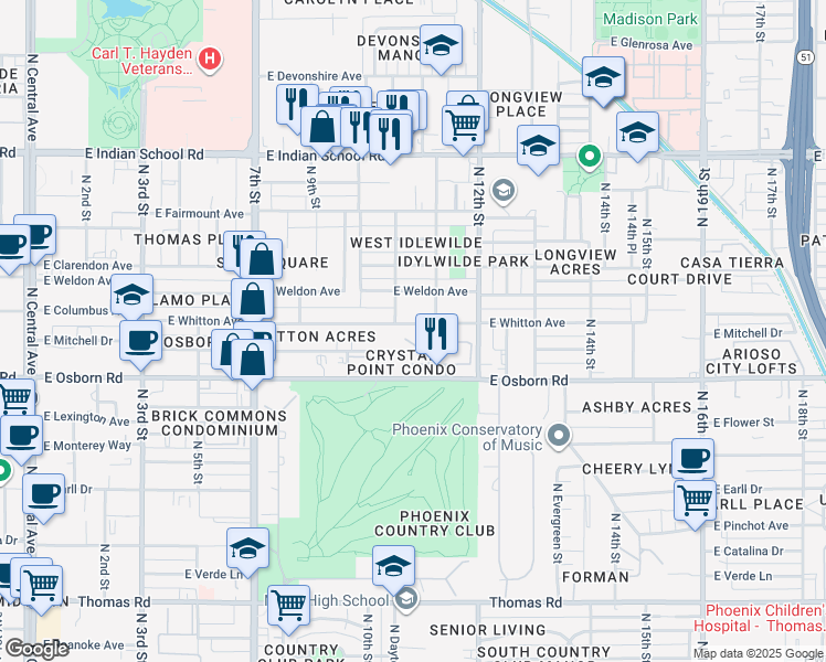 map of restaurants, bars, coffee shops, grocery stores, and more near 1053 East Whitton Avenue in Phoenix
