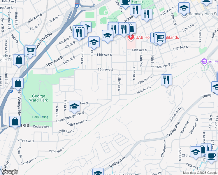 map of restaurants, bars, coffee shops, grocery stores, and more near 1708 11th Place South in Birmingham
