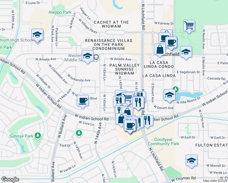 map of restaurants, bars, coffee shops, grocery stores, and more near 14300 West Weldon Avenue in Goodyear
