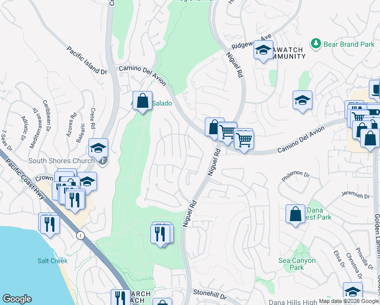 map of restaurants, bars, coffee shops, grocery stores, and more near 72 Corniche Drive in Dana Point