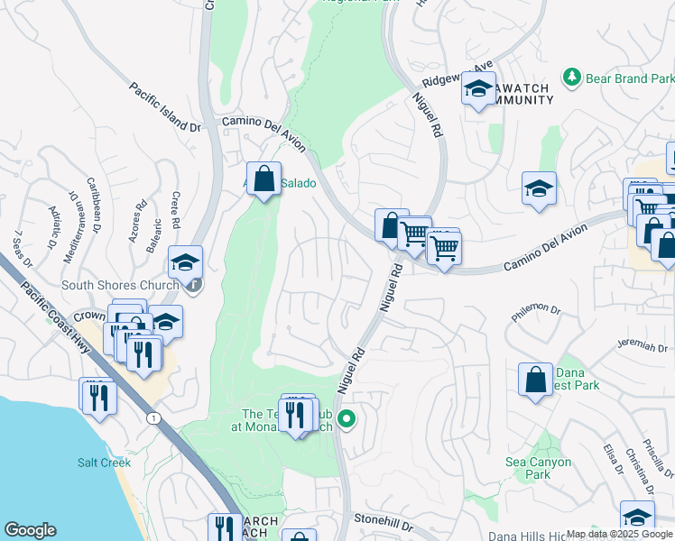 map of restaurants, bars, coffee shops, grocery stores, and more near 72 San Raphael in Dana Point