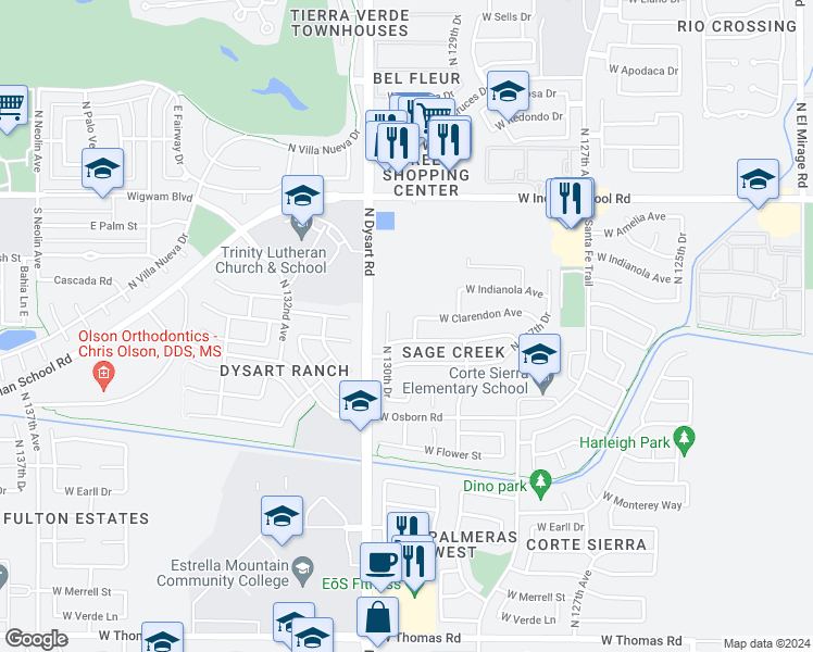 map of restaurants, bars, coffee shops, grocery stores, and more near 3506 North 130th Avenue in Avondale