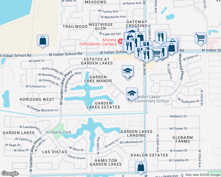 map of restaurants, bars, coffee shops, grocery stores, and more near 3618 North 109th Drive in Avondale