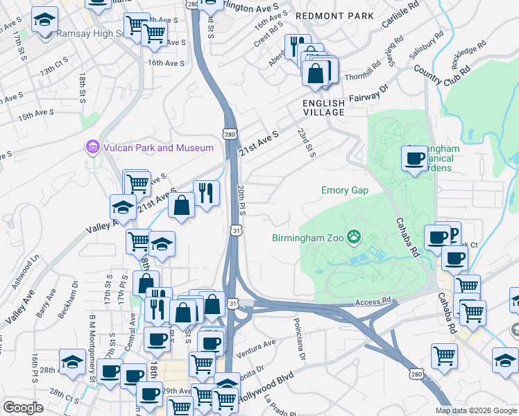 map of restaurants, bars, coffee shops, grocery stores, and more near 2049 23rd Avenue South in Birmingham