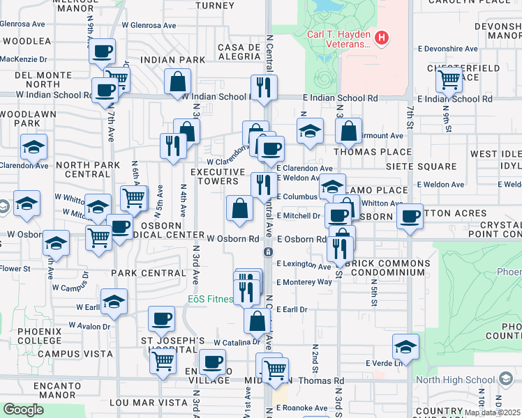 map of restaurants, bars, coffee shops, grocery stores, and more near 3550 North Central Avenue in Phoenix