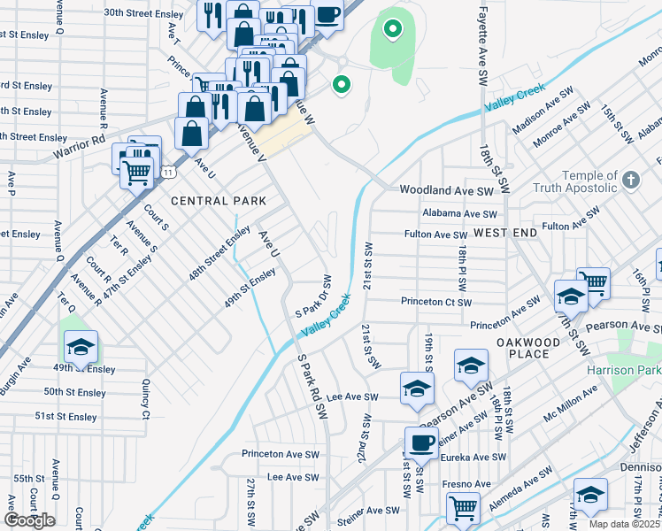 map of restaurants, bars, coffee shops, grocery stores, and more near 2213 South Park Drive Southwest in Birmingham