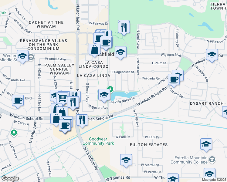 map of restaurants, bars, coffee shops, grocery stores, and more near 294 Laguna Dr W in Litchfield Park