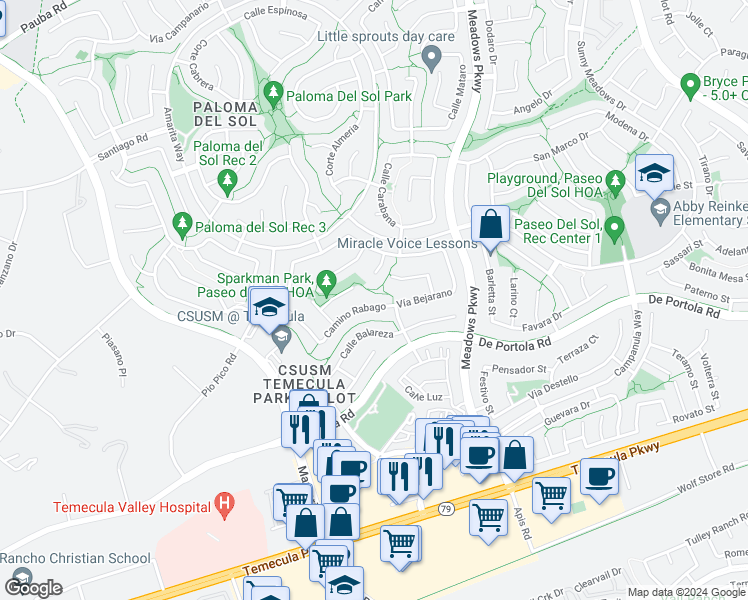 map of restaurants, bars, coffee shops, grocery stores, and more near 32112 Camino Rabago in Temecula
