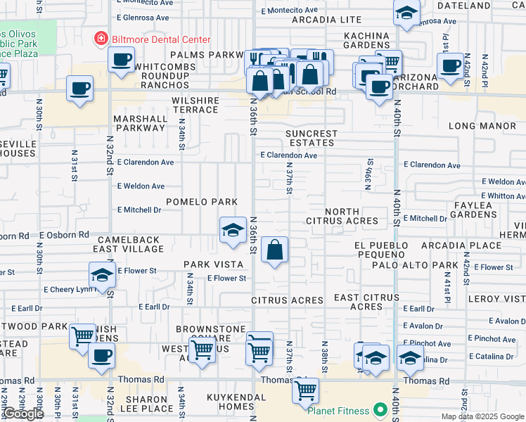 map of restaurants, bars, coffee shops, grocery stores, and more near 3439 North 36th Street in Phoenix