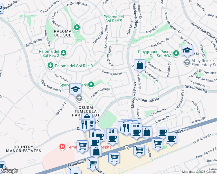 map of restaurants, bars, coffee shops, grocery stores, and more near 32136 Camino Rabago in Temecula