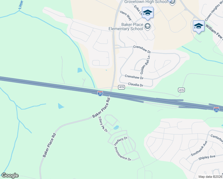 map of restaurants, bars, coffee shops, grocery stores, and more near 640 Baker Place Road in Grovetown