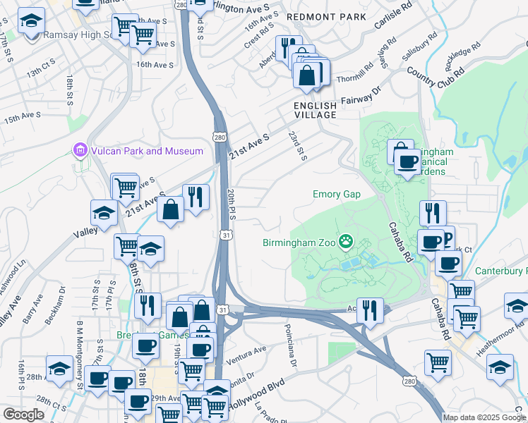 map of restaurants, bars, coffee shops, grocery stores, and more near 2071 23rd Avenue South in Birmingham