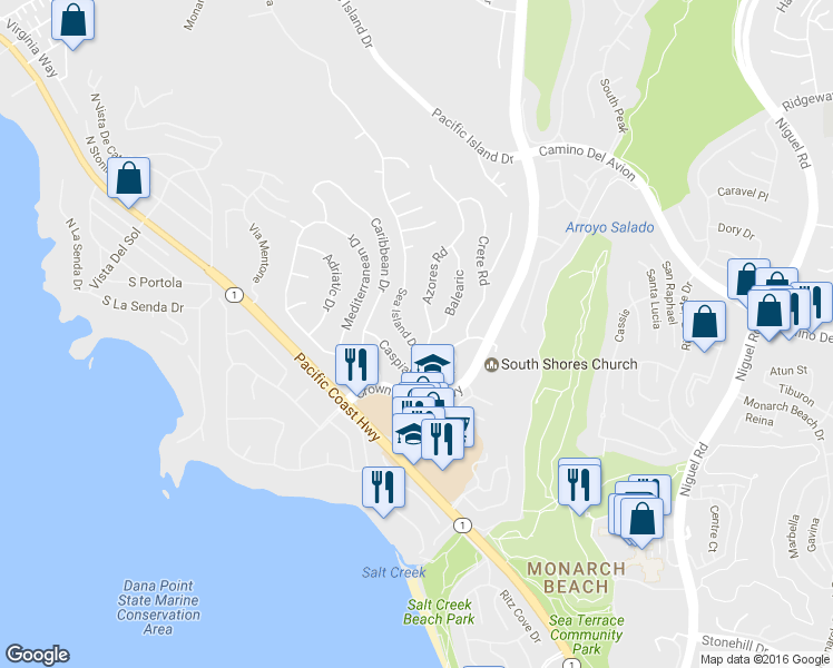 map of restaurants, bars, coffee shops, grocery stores, and more near 32672 Sea Island Drive in Dana Point