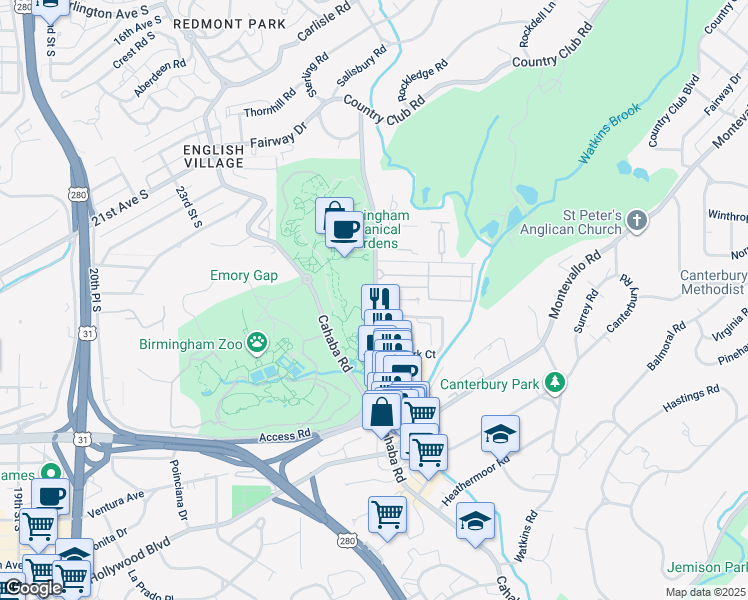 map of restaurants, bars, coffee shops, grocery stores, and more near 2612 Lane Park Road in Birmingham