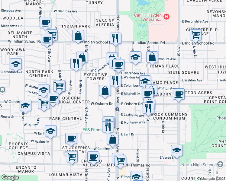map of restaurants, bars, coffee shops, grocery stores, and more near 3550 North Central Avenue in Phoenix