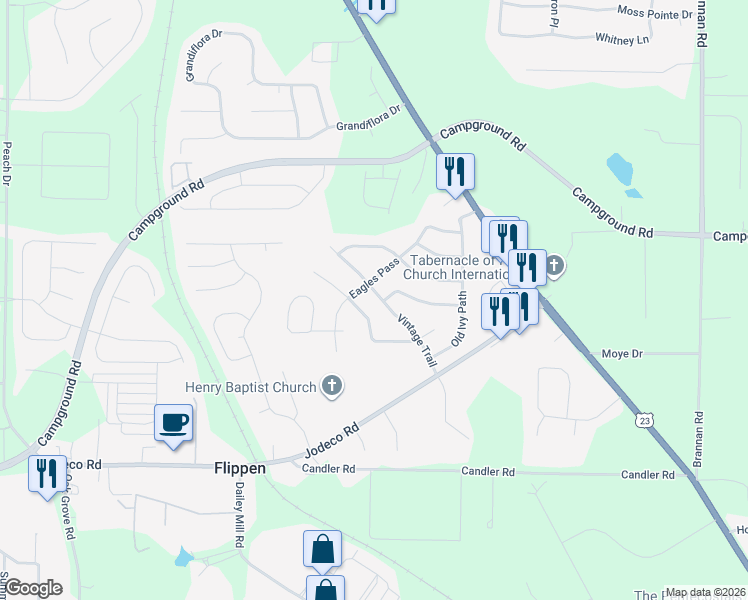map of restaurants, bars, coffee shops, grocery stores, and more near 133 Vintage Trail in McDonough