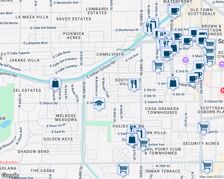 map of restaurants, bars, coffee shops, grocery stores, and more near 6548 E 5th St in Scottsdale