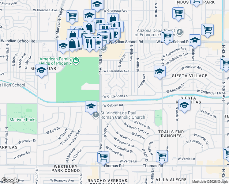 map of restaurants, bars, coffee shops, grocery stores, and more near 3436 North 49th Lane in Phoenix