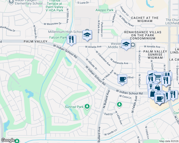 map of restaurants, bars, coffee shops, grocery stores, and more near 14812 Piccadilly Road in Goodyear