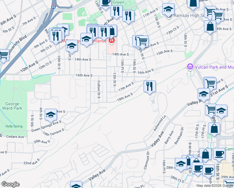 map of restaurants, bars, coffee shops, grocery stores, and more near 1310 18th Avenue South in Birmingham