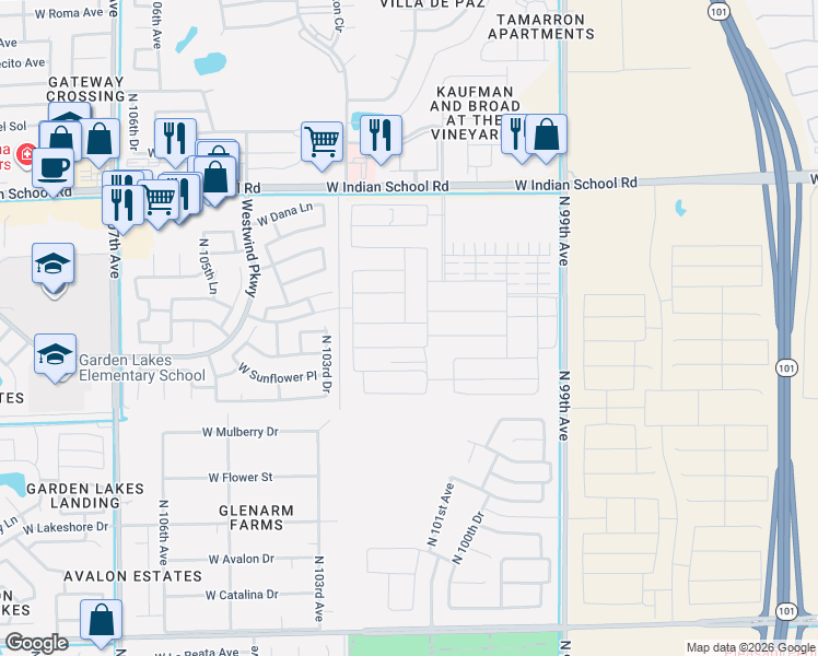 map of restaurants, bars, coffee shops, grocery stores, and more near 10201 West Indian School Road in Phoenix
