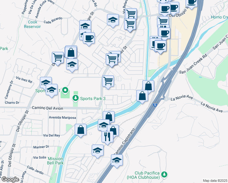 map of restaurants, bars, coffee shops, grocery stores, and more near 26282 Paseo Toscana in San Juan Capistrano