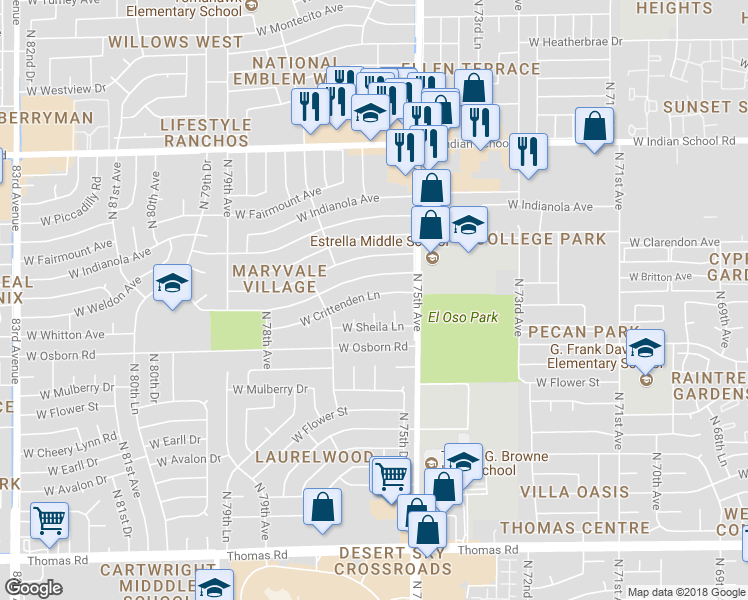 map of restaurants, bars, coffee shops, grocery stores, and more near 7545 West Crittenden Lane in Phoenix