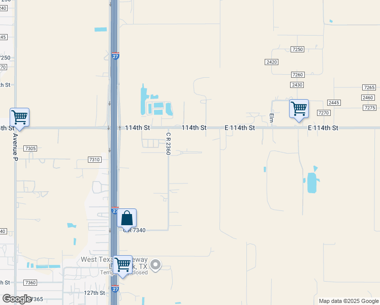 map of restaurants, bars, coffee shops, grocery stores, and more near 11601 County Road 2360 in Lubbock