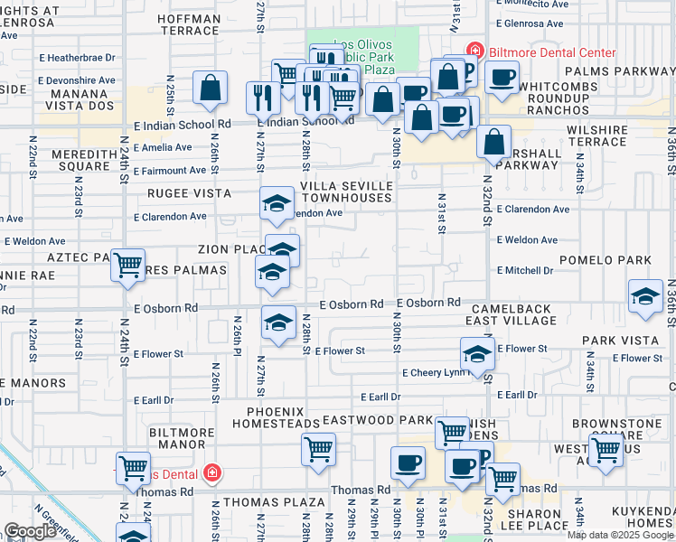 map of restaurants, bars, coffee shops, grocery stores, and more near 2835 East Sherran Lane in Phoenix