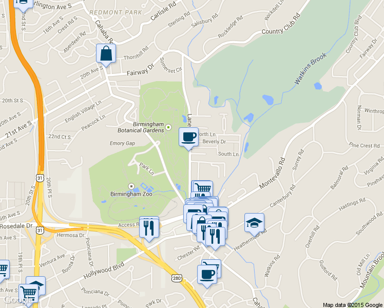 map of restaurants, bars, coffee shops, grocery stores, and more near 2513 Mountain Brook Circle in Mountain Brook