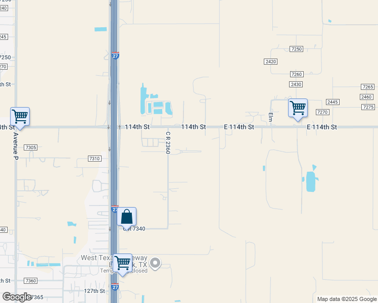 map of restaurants, bars, coffee shops, grocery stores, and more near 11601 County Road 2360 in Lubbock