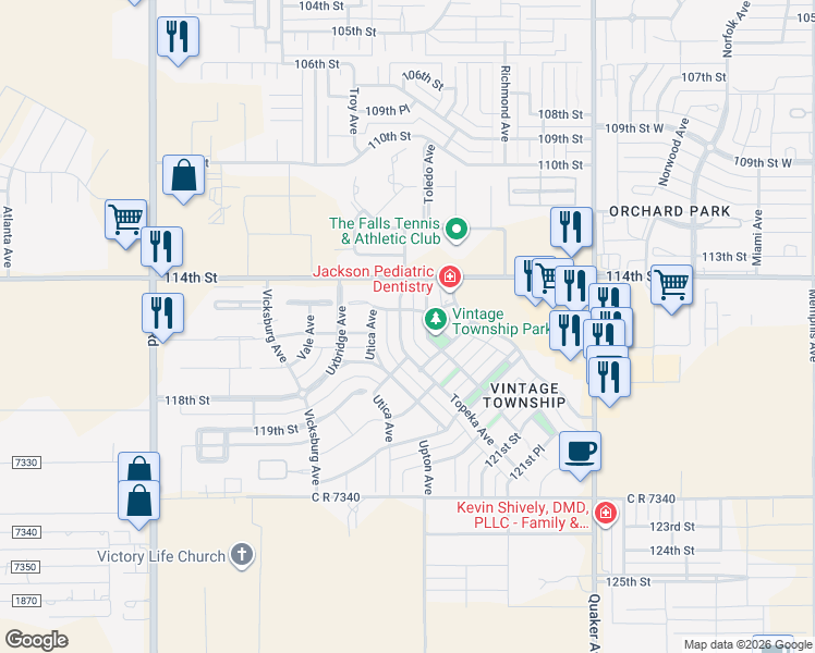 map of restaurants, bars, coffee shops, grocery stores, and more near 11508 Topeka Avenue in Lubbock