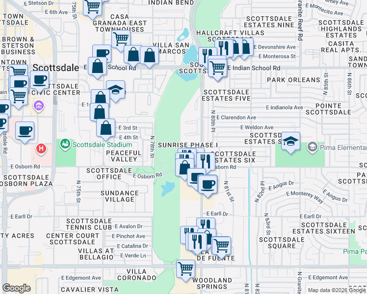 map of restaurants, bars, coffee shops, grocery stores, and more near Unnamed Road in Scottsdale