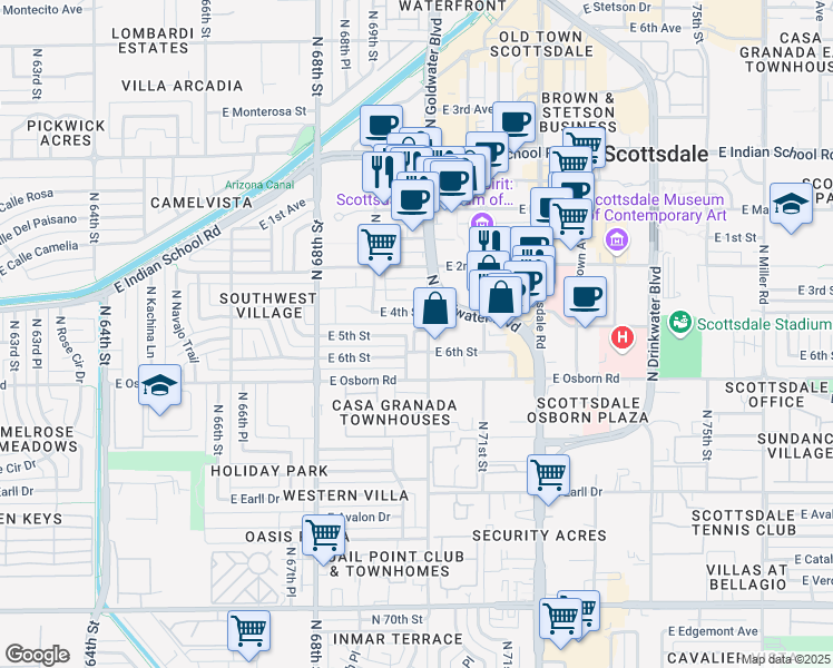 map of restaurants, bars, coffee shops, grocery stores, and more near 6925 East 5th Street in Scottsdale